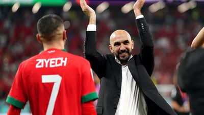 Morocco manager Walid Regragui celebrates his team's victory over Spain in the last-16 of the Qatar World Cup on December 6, 2022. PA