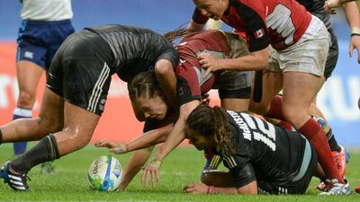 New Zealand’s Linda Itunu, left, and Kayla McAlister, second from right, are on a mission this weekend in Dubai to show the All Blacks women’s side can produce similar results compared to the New Zealand men. Kirill Kudryavtsev / AFP