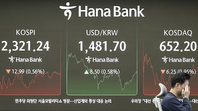 A screen displays the Korea Composite Stock Price Index inside a trading room at Hana Bank in Seoul. Bloomberg