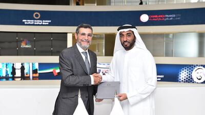 Dhaher Bin Dhaher Al Mheiri, Chief Executive Officer of ADGM's Registration Authority and Said Ibrahimi, Chief Executive Officer of the Casablanca Finance City Authority signed the agreement which aims to promote the development of the financial services sector. Courtesy: ADGM