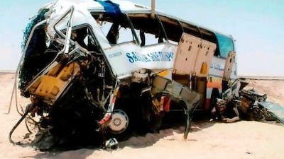 Twenty-one people died when this bus was in a head-on collision with a lorry near Haima, in southern Oman, in April of 2004. Hamid Alqasmi / EPA