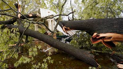 A tree toppled by the storm rests on the roof of a gazebo at Battlefield Park in Jackson, Mississippi, following a severe storm in the state on Wednesday, March 30, 2022. AP