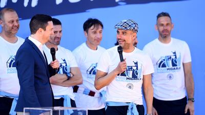 Pep Guardiola speaks as he is interviewed on stage. Getty Images