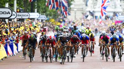 Germany's Marcel Kittel, centre. sprints to win the 155-km third stage of the 101st edition of the Tour de France on Monday. Eric Feferberg / AFP / July 7, 2014