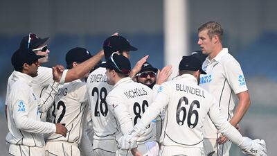 New Zealand bowler Kyle Jamieson celebrates after the dismissal of India's Cheteshwar Pujara for 22. AFP