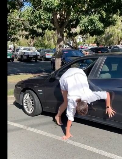 Celeste Barber parodies a Dubai influencer climbing out of a car in a recent video. Instagram