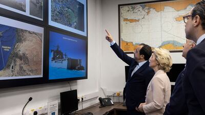 President of Cyprus Nikos Christodoulides, left, and President of the European Commission Ursula von der Leyen visiting the joint search and rescue co-ordination centre in Larnaca, Cyprus, on Friday. AFP