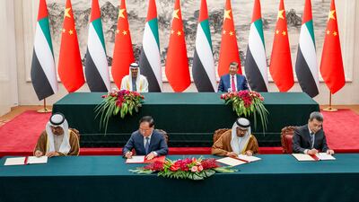 President Sheikh Mohamed and Chinese President Xi Jinping witness the signing of a Memorandum of Understanding, at the Great Hall of the People, in Beijing. Photo: UAE Presidential Court