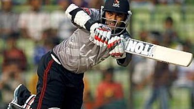 The UAE's Khurram Khan hit 132 not out against Afghanistan on Sunday. AP Photo/A.M. Ahad