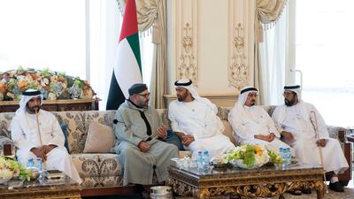 Sheikh Mohammed bin Zayed speaks with King Mohammed VI at Sea Palace barza. Seen with Sheikh Saif bin Mohammed Al Nahyan; Sheikh Humaid bin Rashid, and Sheikh Tahnoon bin Mohammed. Rashed Al Mansoori / Crown Prince Court - Abu Dhabi - Abu Dhabi