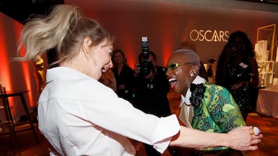 Renee Zellweger and Cynthia Erivo have a giggle. AP
