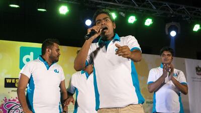Mustakin Shaikh, 26, celebrates after being named du singer of the season during the finals of the Camp Ka Champ contest. Christopher Pike / The National