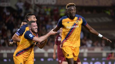 Tammy Abraham celebrates scoring his - and Roma's - second goal against Torino. AP