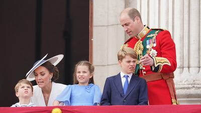 Catherine, Prince William and their children on the balcony at Buckingham Palace to watch the RAF flypast during the Trooping the Colour parade to mark Queen Elizabeth's Platinum Jubilee in June 2022