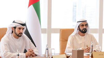 Sheikh Mohammed bin Rashid, Vice President and Ruler of Dubai, and Sheikh Hamdan bin Mohammed, Crown Prince of Dubai, hold the first meeting of the Dubai Council on Tuesday. Courtesy: Dubai Media Office
