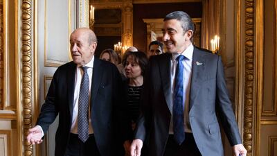 Sheikh Abdullah bin Zayed, Minister of Foreign Affairs and International Co-operation, right, met French Foreign Minister Jean-Yves Le Drian on Friday. Photo: French Foreign Ministry