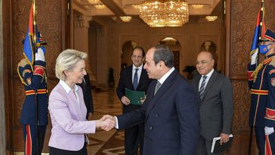 Egyptian President Abdel Fattah El Sisi greets the President of the European Commission, Ursula von der Leyen, to the presidential palace in Cairo. AFP