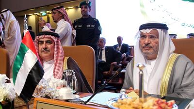 Bahraini Minister of Foreign Affairs Khalid bin Ahmed Al Khalifa and UAE Minister of State for Foreign Affairs Anwar Gargash attend a preparatory meeting of Arab Foreign Ministers in Riyadh, Saudi Arabia. Ahmed Yosri / EPA