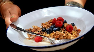 Students display the Granola made out of rolled oats, nuts, honey during the Chef Sati Faulks cookery class for healthy breakfast at the 'Comptoir 102' restaurant in Dubai. Satish Kumar / The National