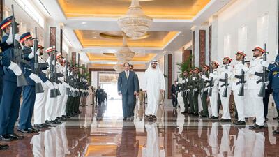 Sheikh Mohammed bin Zayed, Crown Prince of Abu Dhabi and Deputy Supreme Commander of the UAE Armed Forces (R), bids farewell to Abdel Fattah El Sisi, President of Egypt (L), at the Presidential Airport. Mohamed Al Hammadi / Crown Prince Court - Abu Dhabi