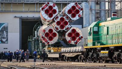 Russia's Soyuz MS-27 spacecraft, scheduled to be launched to the International Space Station on April 8, 2025, is moved along with its booster by train to the launchpad at the Baikonur Cosmodrome, Kazakhstan. EPA