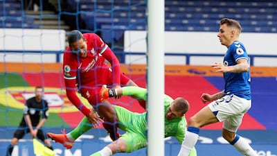 Liverpool defender Virgil van Dijk picked up a serious knee injury after this challenge by Everton goalkeeper Jordan Pickford at Goodison Park in October 2020. Reuters