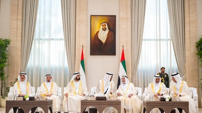 The President with Sheikh Mohammed, Sheikh Dr Sultan, Sheikh Hamad, Sheikh Saud bin Saqr Al Qasimi, Sheikh Saud bin Rashid Al Mualla, and Sheikh Humaid bin Rashid Al Nuaimi, Ruler of Ajman, at Mushrif Palace. Abdulla Al Bedwawi / UAE Presidential Court