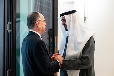 President Sheikh Mohamed bids farewell to Albanian President Bajram Begaj. Photo: UAE Presidential Court