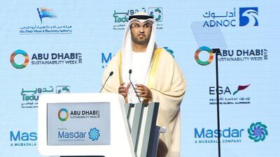 Dr Sultan Al Jaber, Minister of State, at the World Future Energy Summit at Adnec in Abu Dhabi. Delores Johnson / The National