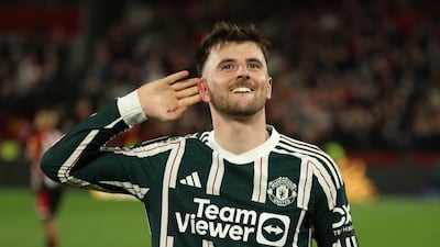Manchester United's Mason Mount celebrates after scoring against Brentford. AP