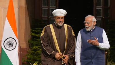 Indian Prime Minister Narendra Modi talks to Sultan Haitham of Oman before their meeting in New Delhi on Saturday. AP