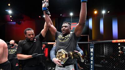 Francis Ngannou of Cameroon reacts after his victory over Stipe Miocic in their UFC heavyweight championship fight during the UFC 260 event at UFC APEX in Las Vegas, Nevada. Jeff Bottari / USA TODAY Sports / Reuters