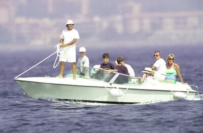 Dodi Fayed, Prince Harry and Princess Diana in St Tropez in 1997. Wireimage