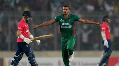 Bangladesh's Taskin Ahmed after bowling England batter Ben Duckett for 11. AP