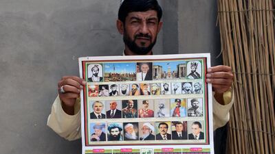 An Afghan man holds a calendar bearing the images of Afghan leaders including the Taliban's late chief, Mullah Omar, bottom second left. Javed Tanveer/AFP Photo