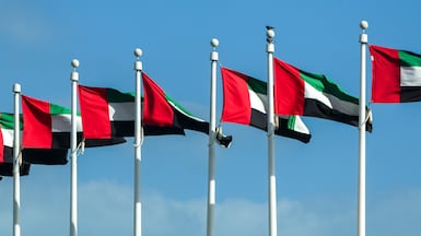UAE flags raised above Emirates Palace in Abu Dhabi. Victor Besa / The National