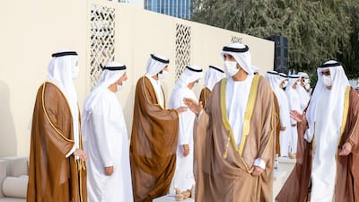 Sheikh Hamed bin Zayed, managing director of Abu Dhabi Investment Authority and member of the Abu Dhabi Executive Council (R), and Sheikh Saeed bin Zayed, Abu Dhabi Ruler's Representative (2nd R), attend the group wedding reception.