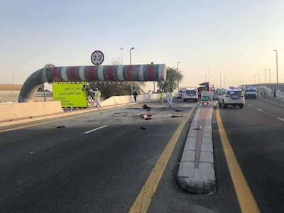 The maximum-height sign in Dubai that was struck by the bus. Seventeen passengers died in June 2019 in the tragedy. The National