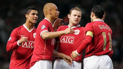 Left to right: Manchester United's Cristiano Ronaldo, Wes Brown, Wayne Rooney and Ryan Giggs celebrate after a goal against AC MIlan. AFP