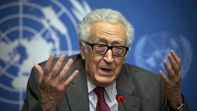 Lakhdar Brahimi holds a press briefing at the United Nations headquarters in Geneva on January 27, 2014. He has announced that he will resign as the joint UN-Arab League on May 31, 2014. Anja Niedringhaus / AP Photo