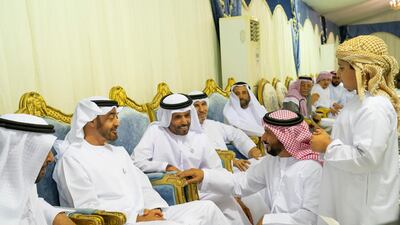 Sheikh Mohamed bin Zayed offers condolences to the family of Abdulla bin Jaber Al Khaili, in Al Ain. Mohamed Al Hammadi / Ministry of Presidential Affairs