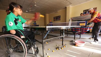Twelve-year-old bomb victim Nejla Imad says table tennis has helped her regain confidence after the blast, and she had won several medals in local competitions before being asked to join the country’s under-16 Paralympic team for training in Baghdad. Sabah Arar /AFP
