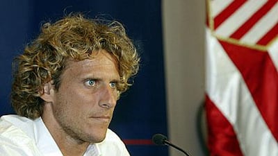Forlan attends a news conference in Madrid ahead of his medical for Inter Milan.