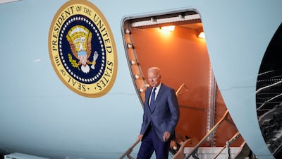 US President Joe Biden steps off Air Force One at Belfast International Airport in Northern Ireland on Tuesday. AP