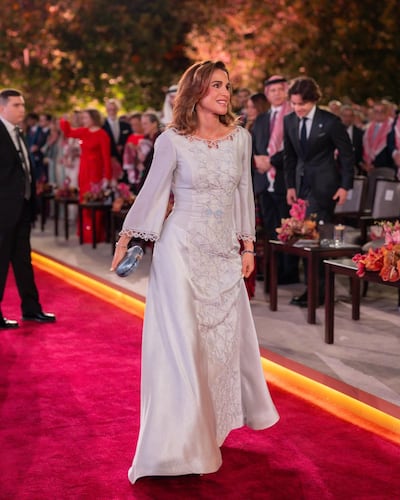 Queen Rania wore a gown decorated with classical Arabic geometry to celebrate Jordan's 80th Independence Day. Queen Rania / Instagram