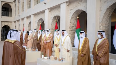 From right to left, Sheikh Saif bin Mohamed; Sheikh Tahnoun bin Mohamed, Ruler's Representative in Al Ain Region; Sheikh Hamdan bin Zayed, Ruler’s Representative in Al Dhafra Region; Sheikh Hazza bin Zayed, deputy chairman of the Abu Dhabi Executive Council; Sheikh Ahmed bin Mohamed bin Rashed; Sheikh Mansour bin Mohamed bin Rashed; and Sheikh Khalifa bin Hamdan bin Mohamed attend the group wedding reception.