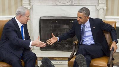 Barack Obama with Benjamin Netanyahu in the Oval Office of the White House in Washington, DC. Saul Loeb / AFP