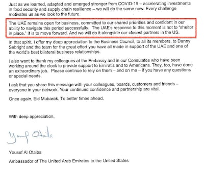 The UAE's Ambassador to the US, Yousef Al Otaiba, wrote a letter to the US-UAE Business Council to address the attacks from Iran