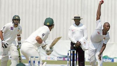 Zimbabwe bowler Tendai Chatara bowls to Misbah-ul-Haq. AFP