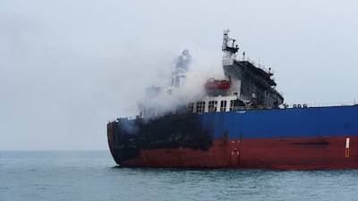 A foreign tanker carrying Iraqi fuel oil damaged after catching fire in Iraq's territorial waters, following unidentified attacks near Basra, Iraq. Reuters